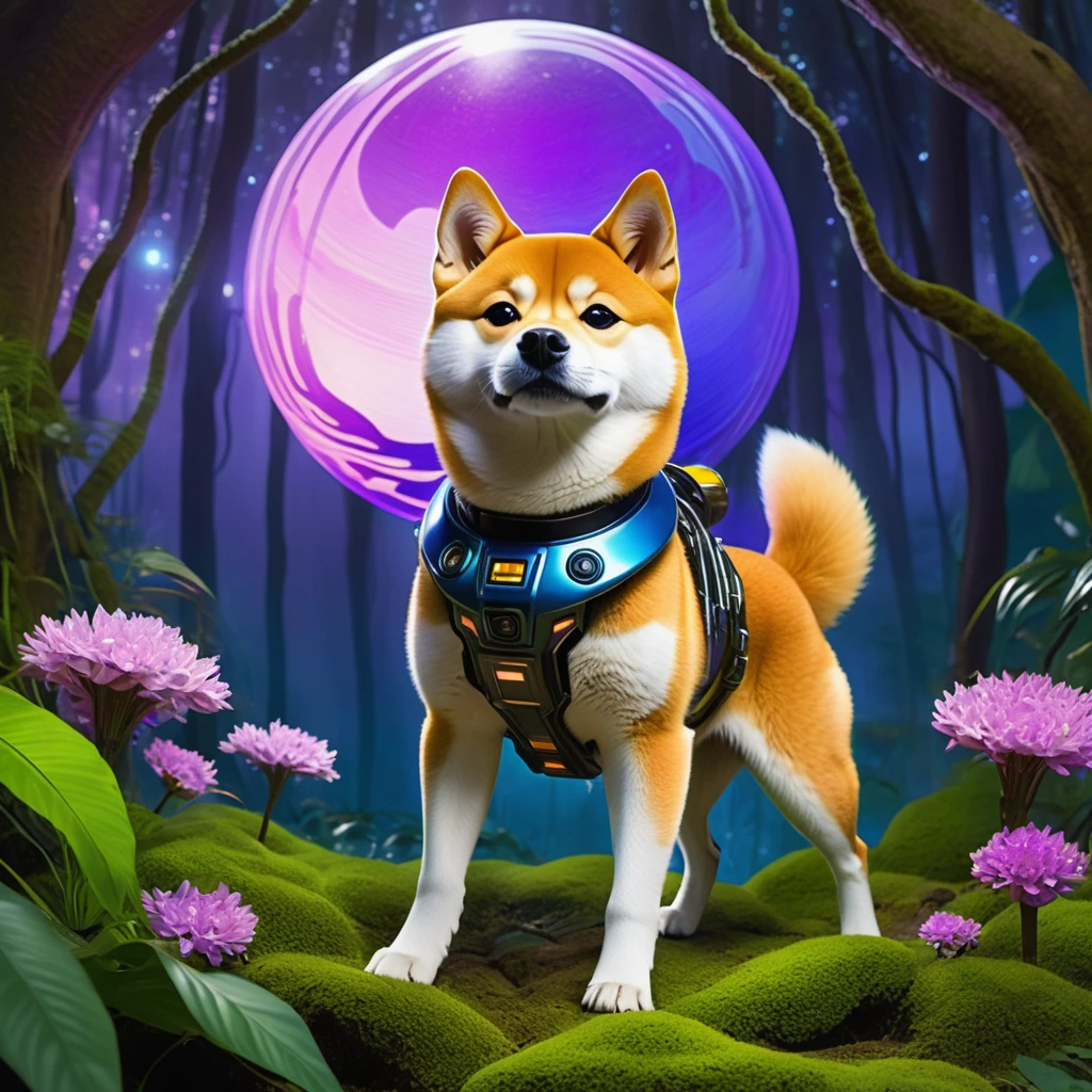 (best quality, highres, ultra-detailed, realistic:1.37), Shiba Inu cyborg super-soldier finds himself on an alien world, surrounded by a playful and fascinating cat kingdom. The Shiba Inu is equipped with mechanical enhancements, including robotic limbs and glowing electronic eyes. As he explores the exotic landscape, he is accompanied by a group of cat creatures that are curious and friendly towards him. The lush and vibrant jungle is filled with towering trees, colorful flowers, and twisting vines that create a surreal and dreamlike environment. The air is filled with the delightful chirping of birds and the mesmerizing sounds of nature. At the top of a steep hill, the Shiba Inu's rocket, shaped like a giant tennis ball, stands tall and ready for adventure. The rocket is adorned with futuristic technology, giving it a sleek and powerful appearance. The sky above is bathed in warm hues of purple and blue, casting a serene and otherworldly glow. The gentle beams of sunlight filter through the canopy, creating beautiful patterns of light and shadow on the forest floor. As the Shiba Inu embarks on this intergalactic escapade, he embraces the unknown with excitement and curiosity, ready to uncover the mysteries of this extraordinary world.