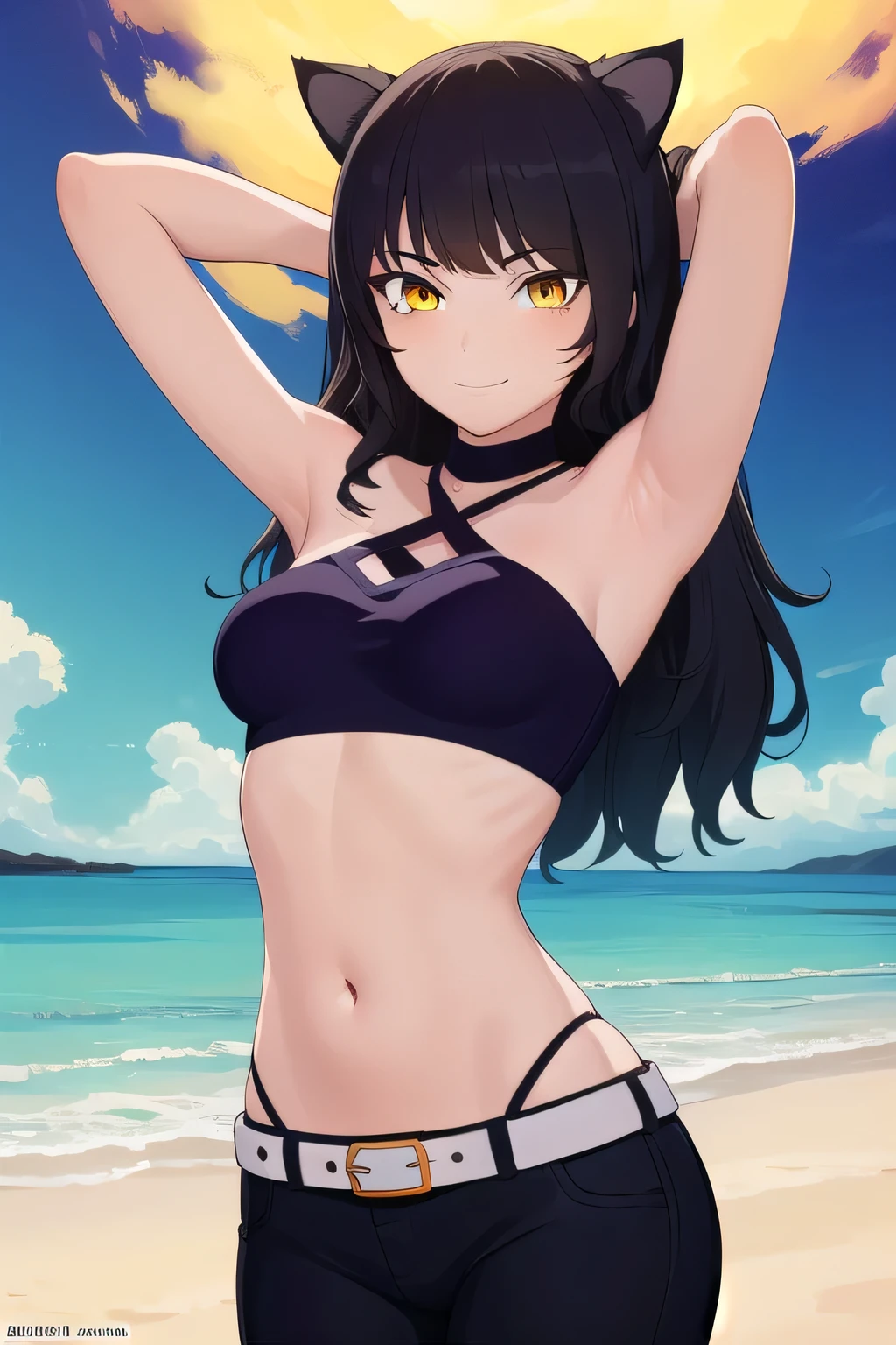 blake, blake, blake belladonna, long hair, black hair, (yellow eyes:1.5), long hair, bangs, animal ears, cat ears,
BREAK navel, midriff, belt, halterneck, criss-cross halter, bare shoulders, bare arms, pants, black pants,
bikini, (cowboy shot:1.5), night sky, beach, masterpiece, arms behind head, contrapposto, shy smile, spread armpits, shy smile, looking at viewer,
BREAK (masterpiece:1.2), best quality, high resolution, unity 8k wallpaper, (illustration:0.8), (beautiful detailed eyes:1.6), extremely detailed face, perfect lighting, extremely detailed CG, (perfect hands, perfect anatomy),