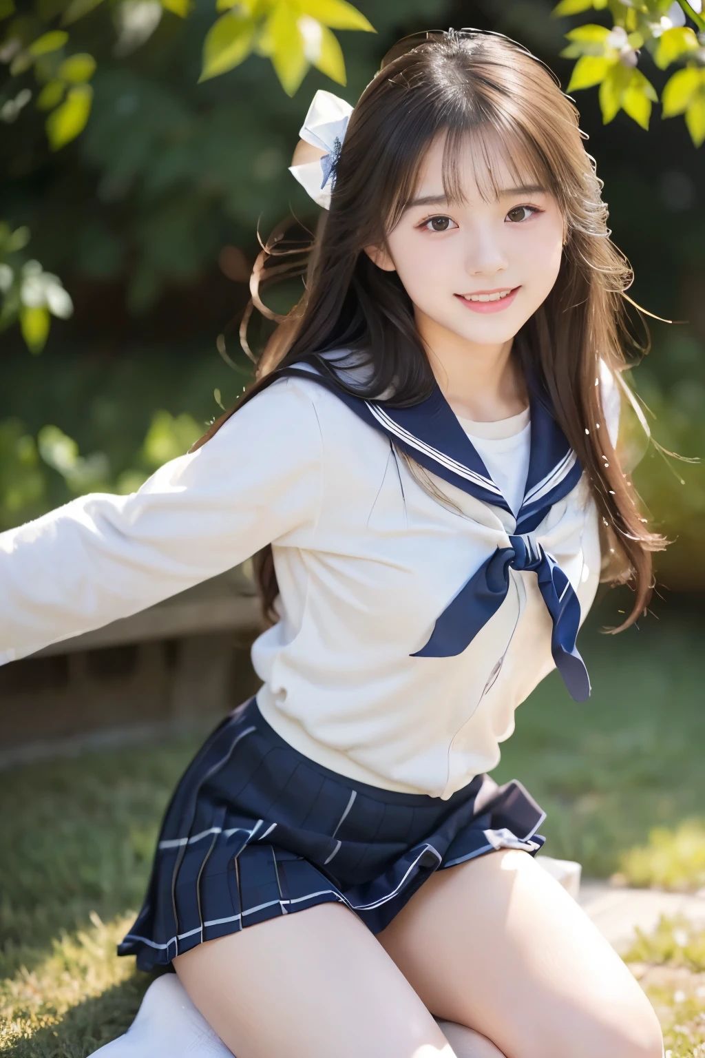 (((masterpiece))), (Beautiful Japanese Girl, Classmate, Innocence，cute) ，超A high resolution, Realistic, Ultra-detailed, 8k,highest quality, Very detailed,Slender figure,とてもBeautiful Japanese Girl, (Detailed face:1.3), (Beautiful Long Hair，Black-haired :1.4), (Baby Face，cute系,Adorable), (Perfect body:1.1),85mm,Official AR RAW Photos, Show me your ears，photo shoot, Looking at the audience, smile、No makeup, Rosy Cheeks，Film Grain, chromatic aberration, Sharp focus, Face Light, Bright lighting, ((((((14-year-old junior high school student))))))、Slender figure，(A proper sailor uniform、Navy Blue Skirt)、(((White panties，Beautiful thighs)))，show me your beautiful teeth,非常にDetailed face、Detailed lips、Detailed eyes、Junior Gravure Idol，Clear Skin，Japanese high  with school emblem on the chest，Crouching