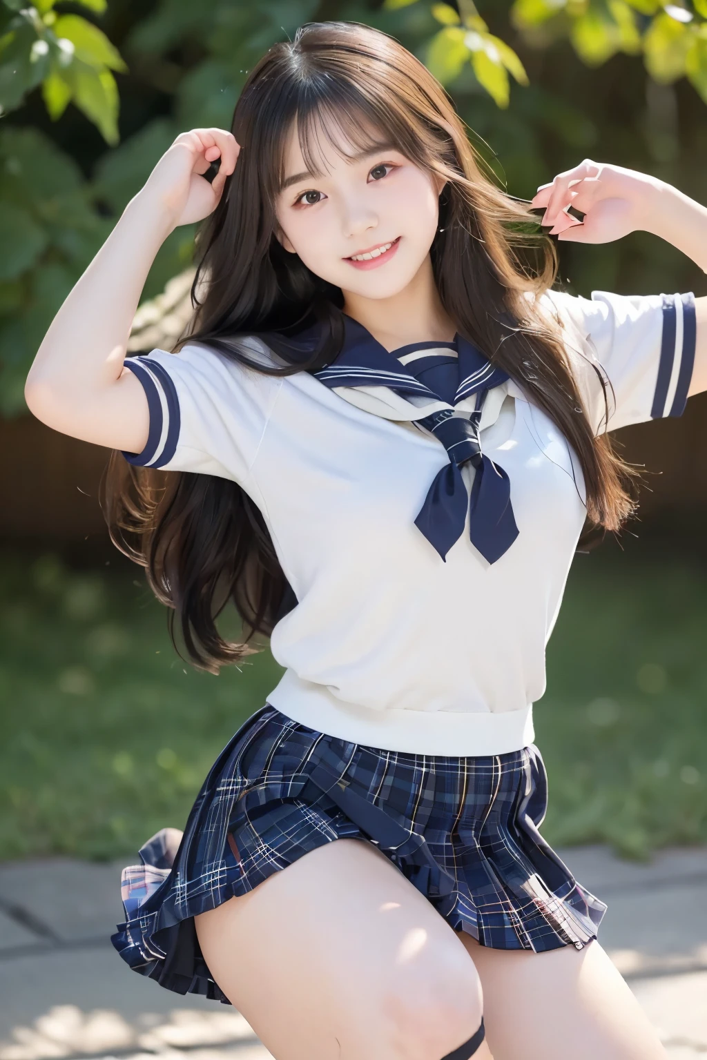 (((masterpiece))), (Beautiful Japanese Girl, Classmate, Innocence，cute) ，超A high resolution, Realistic, Ultra-detailed, 8k,highest quality, Very detailed,Slender figure,とてもBeautiful Japanese Girl, (Detailed face:1.3), (Beautiful Long Hair，Black-haired :1.4), (Baby Face，cute系,Adorable), (Perfect body:1.1),85mm,Official AR RAW Photos, Show me your ears，photo shoot, Looking at the audience, smile、No makeup, Rosy Cheeks，Film Grain, chromatic aberration, Sharp focus, Face Light, Bright lighting, ((((((14-year-old junior high school student))))))、Slender figure，(A proper sailor uniform、Navy Blue Skirt)、(((White panties，Beautiful thighs)))，show me your beautiful teeth,非常にDetailed face、Detailed lips、Detailed eyes、Junior Gravure Idol，Clear Skin，Japanese high  with school emblem on the chest，Crouching