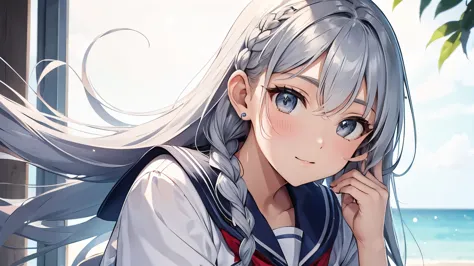 beauty in a sailor suit　silver braided long hair　upper body　high school student