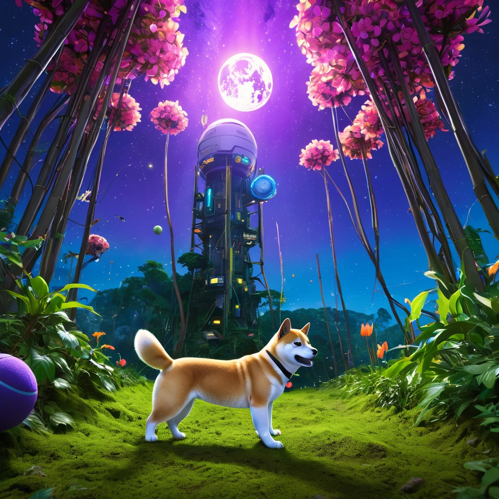 (best quality, highres, ultra-detailed, realistic:1.37), Shiba Inu cyborg super-soldier finds himself on an alien world, surrounded by a playful and fascinating cat kingdom. The Shiba Inu is equipped with mechanical enhancements, including robotic limbs and glowing electronic eyes. As he explores the exotic landscape, he is accompanied by a group of cat creatures that are curious and friendly towards him. The lush and vibrant jungle is filled with towering trees, colorful flowers, and twisting vines that create a surreal and dreamlike environment. The air is filled with the delightful chirping of birds and the mesmerizing sounds of nature. At the top of a steep hill, the Shiba Inu's rocket, shaped like a giant tennis ball, stands tall and ready for adventure. The rocket is adorned with futuristic technology, giving it a sleek and powerful appearance. The sky above is bathed in warm hues of purple and blue, casting a serene and otherworldly glow. The gentle beams of sunlight filter through the canopy, creating beautiful patterns of light and shadow on the forest floor. As the Shiba Inu embarks on this intergalactic escapade, he embraces the unknown with excitement and curiosity, ready to uncover the mysteries of this extraordinary world.