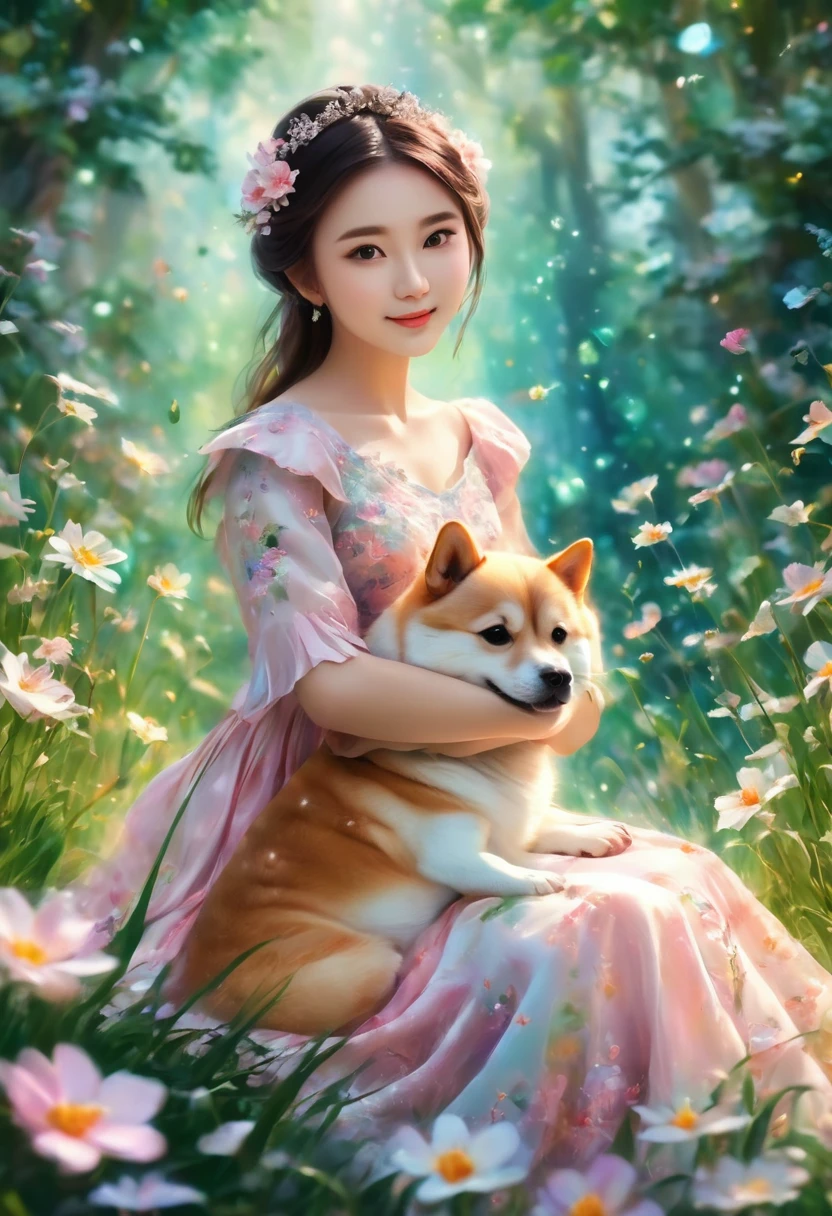 estilo anime:1.4,(high quality, 4k, HD, high definition: 1.2), magical, dreamlike image, (realistic, photorealistic, photorealistic: 1.37), (illustration, oil painting, 3D rendering, photography), detailed textures, vibrant colors, soft lighting ,((a girl sitting on the grass hugging a Shiba Inu:1.5)), beautiful landscapes, whimsical atmosphere, soft sunlight, flowers, enchanting forest, sparkling stream, peaceful atmosphere, captivating expressions, harmonious composition, joyful connection between girl and dog, vivid emotions, perfect combination of reality and fantasy, surreal elements, intricate details on the girl's dress, intricate patterns on the dog's fur, serenity, chance.
