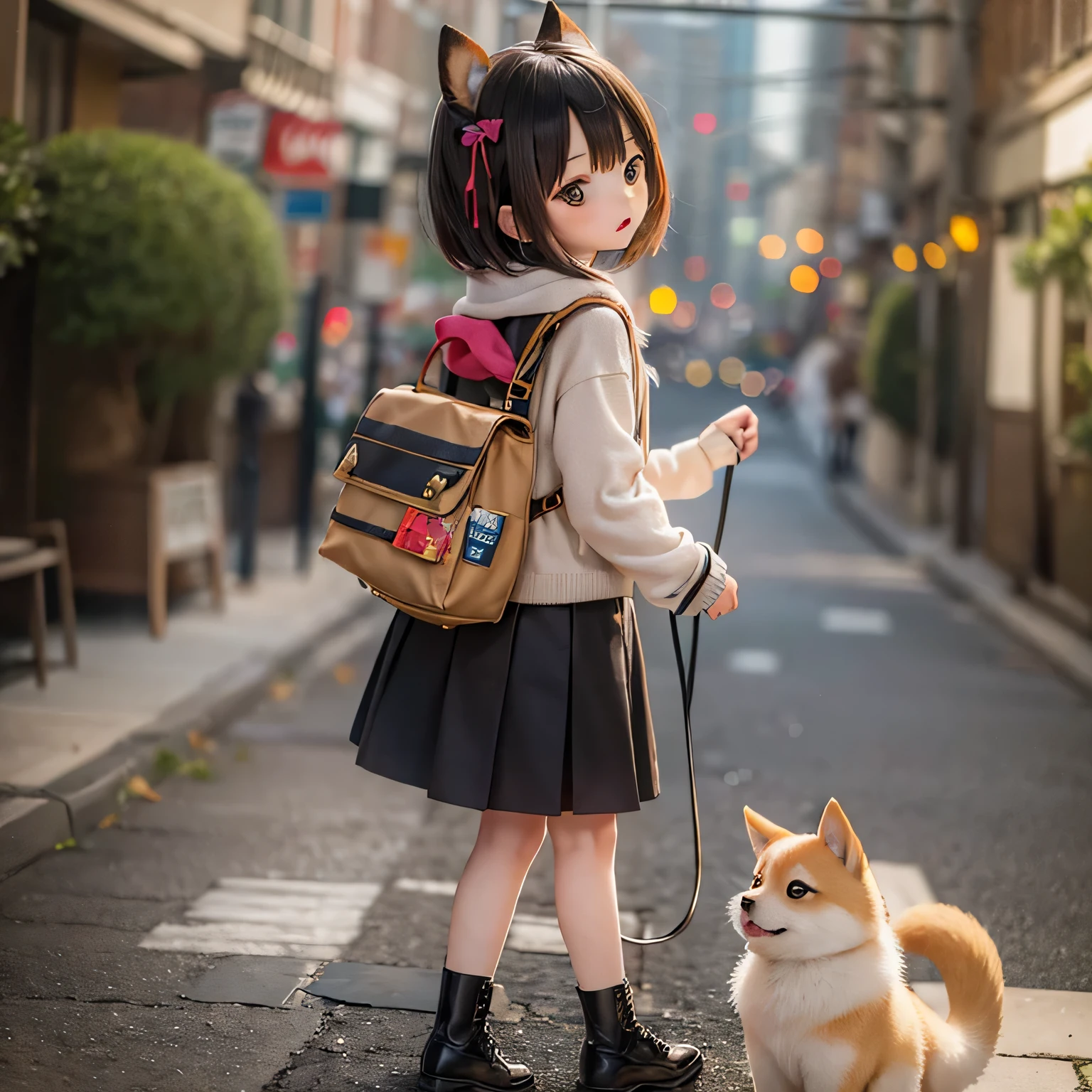 Chibi, a Shiba Inu girl walking on a lead with a girl