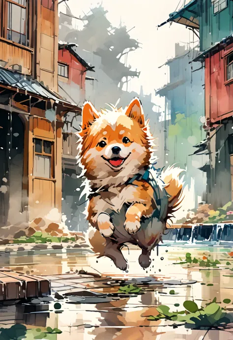(a Shiba Inu jumping over water puddles), messy, wet and muddy, funny playful scene, a watercolor painting style, soft and beaut...