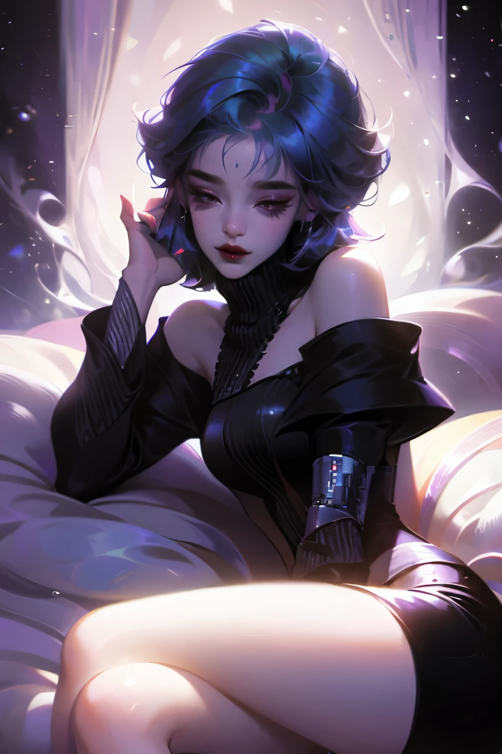 (Pixel Art: 1.2), Beautiful gothic woman, Sexy gothic girl, Designer sweatshirt jacket with logo, Pants, Black short hair，Blue hair tips, bedroom, Lying in bed, (By Isaac Quick: 0.8) [author：Ilya Kuvshinov: 0.65]