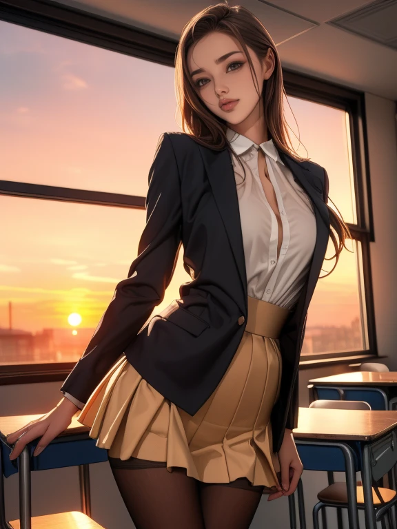 (8k,Photorealistic, masutepiece, Best Quality, Raw photo:1.3)、1woman in, 25years old,Solo,school girl, Long hair, Brown hair, Detailed beautiful face, alluring face, (Detailed beautiful brown eyes:1.2), medium breasts,(loose suit, sheer Skirt :1.35), ( Perfect body skinny beauty: 1.4),( temptation Pose:1.3), (Looking at Viewer, front view,eyes focus:1.2), Detailed background, (sunset:1.2), classroom,fine detailed, intricate detailes,  Ray tracing, depth of fields, seductive smile,classroom,