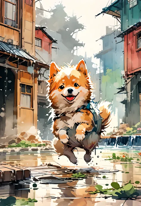 (a Shiba Inu jumping over water puddles), messy, wet and muddy, funny playful scene, a watercolor painting style, soft and beautiful colors.