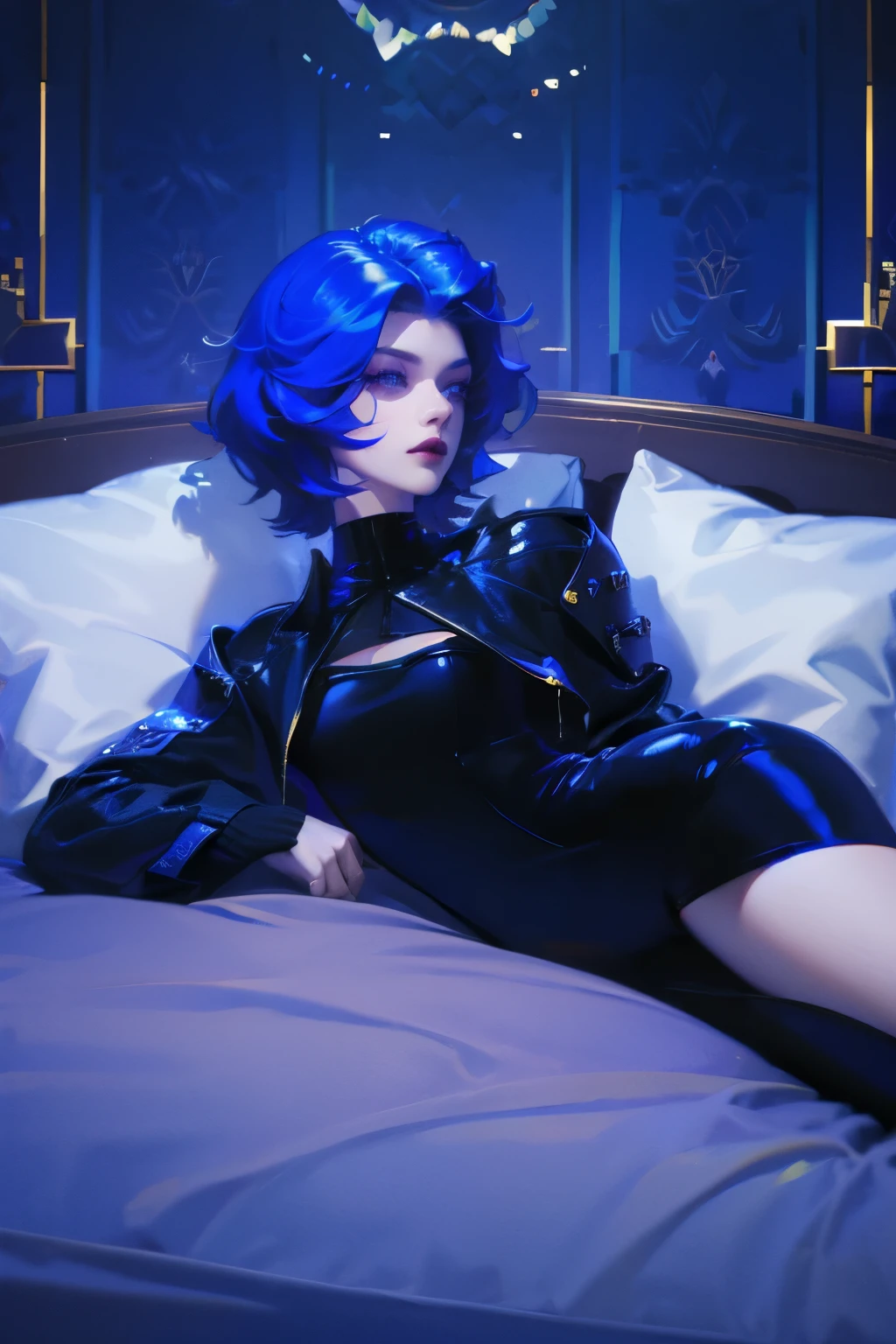 (Pixel Art: 1.2), Beautiful gothic woman, Sexy gothic girl, Designer sweatshirt jacket with logo, Pants, Black short hair，Blue hair tips, bedroom, Lying in bed, (By Isaac Quick: 0.8) [author：Ilya Kuvshinov: 0.65]