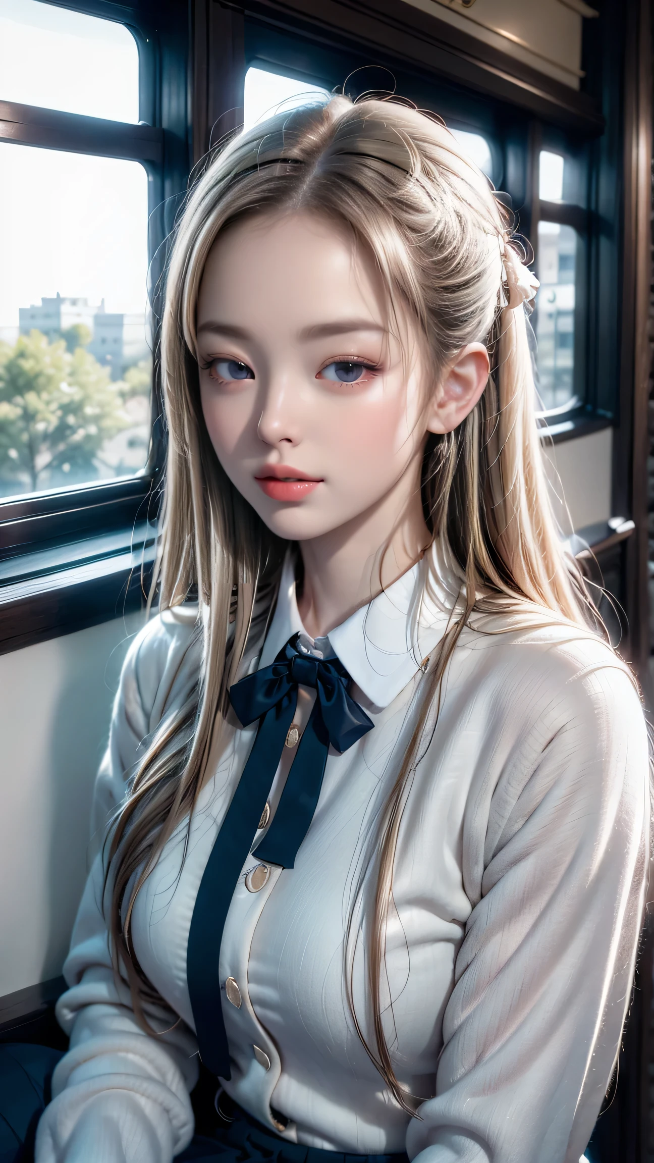 （Girl sitting on train seat)、Best quality work，Actual work，Ultra Premium Graphics，8K HD CG works，High quality graphics，High-definition CG works，10x pixels，Extremely fine detail：1.1，Advanced Technical Details：1.1 Photorealistic，Indoor lighting effects：1.5，Natural light：1.5. Light effects（virtual Light effects：1.8），長いSilver Hair，Silver Hair，Transparent Hair，Hair with attention to detail（Premium Hair Detail：1.1）（(Eyes closed)), Thin eyebrows，High nose, Nice red lips, Rose Cheeks, A face with subtle makeup , Cute face, perfectly balanced face,（Advanced Face Detail：1.1），(girl in school uniform)，Like a fairy in a painting，A beautiful face is beautiful and delicate，Show the light of patience and wisdom。The bridge of the nose is straight，Cherry lip color, her face is clear，Her skin is as white as jade，Gives a healthy glow，Her makeup is light and subtle.，Not too decorative，A light-toned foundation enhances the clarity of your skin.，（Her eyes are closed)、Add a touch of glamour and sophistication、Swaying with her movements。Her hair is casually tied back，Fix with hosta，A few strands of hair are swaying gently in the wind，Add a little softness、Charmed everyone&#39;Note、Grace、mystery、full of power,(White panties are visible),(Lift-up skirt)、(Eyes closed),Lift your head，Thick and long black hair，very elaborate body，Highly detailed face，highest quality、(P私NK Underwear),(high school girl),((White Blazer、Chest emblem))、(White blouse),((Loose red bow tie)),((Navy Check Flared Skirt))、(smile)，Thick and long black hair，very elaborate body，Highly detailed face，highest quality、(P iNK Underwear),(high school girl),((Out of the window, Blurred skyscrapers)),((I can see her white lace panties)),((Spread your legs)),