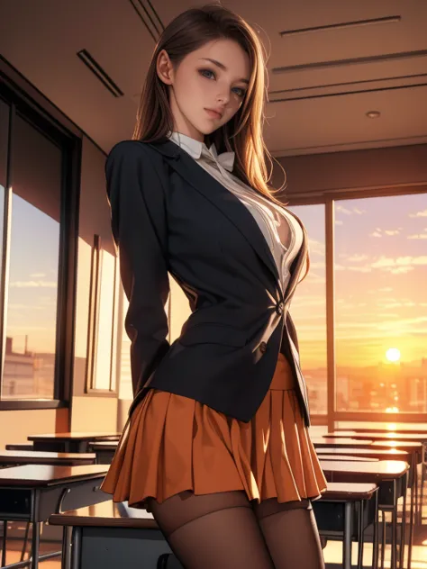 (8k,Photorealistic, masutepiece, Best Quality, Raw photo:1.3)、1woman in, 25years old,Solo,school girl, Long hair, Brown hair, De...