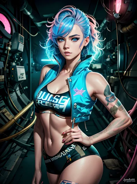 best quality,portrait style,(blue eyes),detailed facial features,(pink and blue hair),vibrant colors,high-resolution artwork,dra...