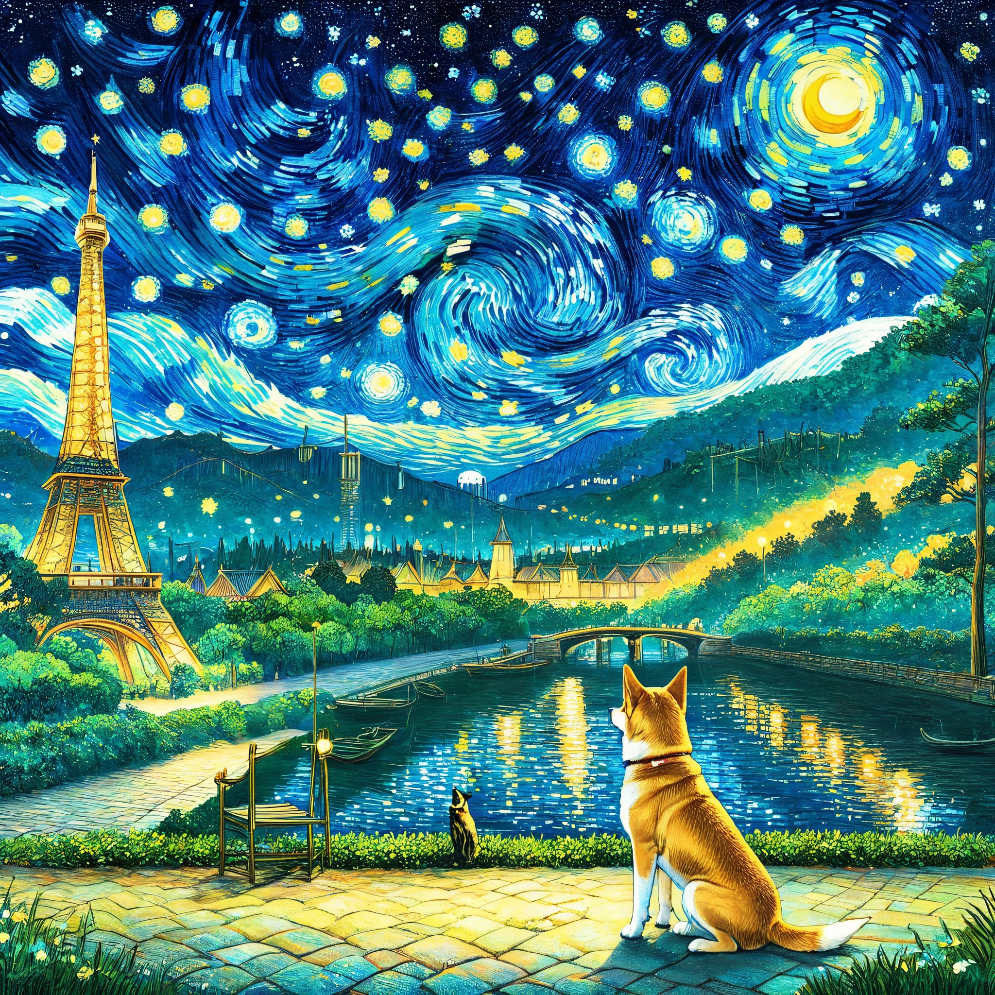 night，Starry Sky，Van Gogh style,(1 Shiba Inu，traditional media,look up,Park Background ,(Shiba Inu details） ,solitary ),concept art, Draw a picture representing this beautiful tourist landscape, magic, Painted by a professional artist in the style of modern art by Manuel Fernández García, masterpiece, Awarded for its beauty, Bright colors, Obvious pinch marks, 32k