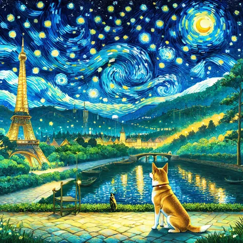 night，Starry Sky，Van Gogh style,(1 Shiba Inu，traditional media,look up,Park Background ,(Shiba Inu details） ,solitary ),concept ...