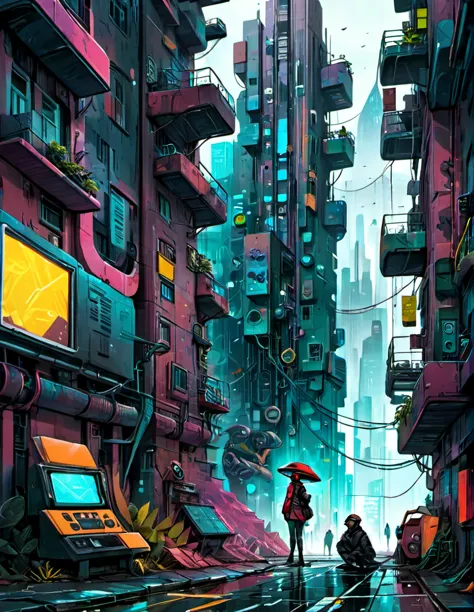 
"Generate a digital illustration that blends surrealistic elements with futuristic aesthetics, focusing on dystopian urban land...