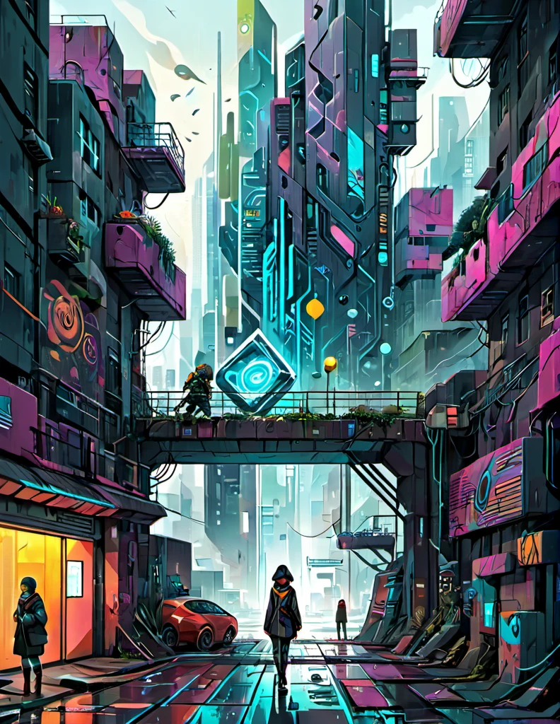 
"Generate a digital illustration that blends surrealistic elements with futuristic aesthetics, focusing on dystopian urban landscapes. Highlight the combination of organic and geometric shapes, with a vibrant color palette contrasting against dark tones. The scene should include human or humanoid figures interacting with advanced technology in unexpected ways. Prioritize creativity and originality in the composition to create a witty and unique piece."
