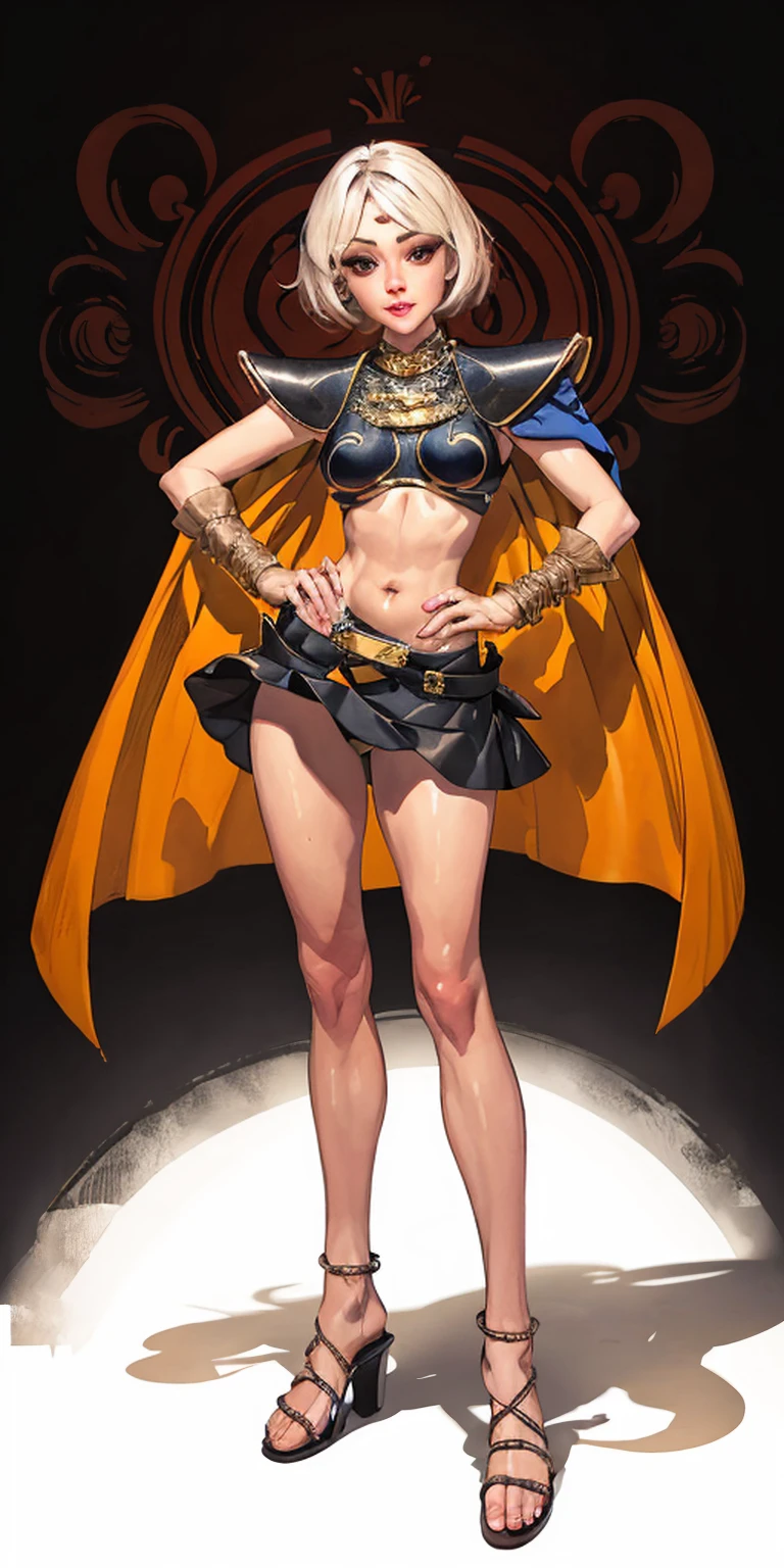 ((BLACK BACKGROUND,1:2, masterpiece)), full body MILF BIMBO standing with two long thighs and two metal sandals, red eyes, silver white hair, short bob style hair, big breasts, cleavage, separate sleeves, tiara royal, long cape up to two feet, yellow bikini, hands on waist, navel, lustful smirking smiling, smile face (red blushed, red cheeks), metal shoulders, gold sleeveless armbands, black leather choker slave collar, shackle bracelets, sex slave red crest, pauldrons, breastplate, corset, eye focus, full body, whole body. 1solo . slave fighter, loincloth standing, hands on hips, metal sandals, backpack, choker, big belt, view from below, feet together, bracers, tiara