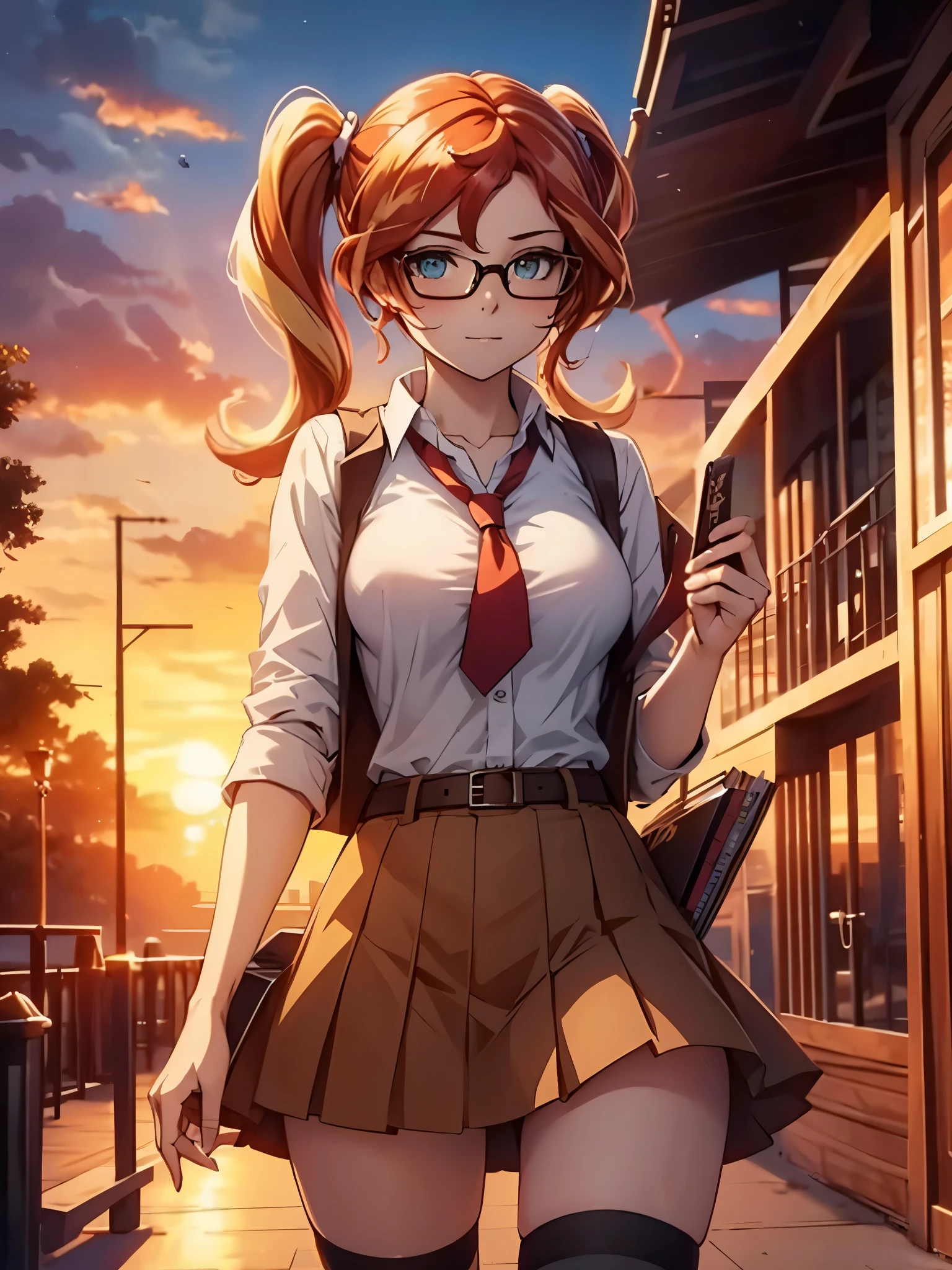 sunset shimmer, short skirt, knee socks, glasses, pigtails, cute, library, open shirt, no bra