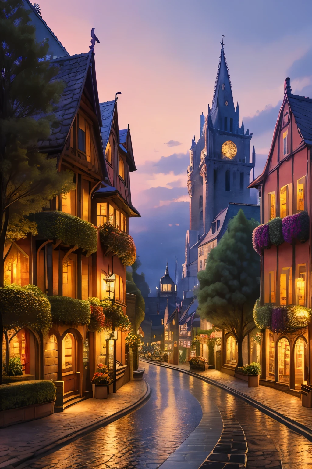 In the heart of this enchanting image lies a city, reminiscent of a quaint village, where every building and every corner resonates with a magical allure. A harmonious blend of ancient and modern architecture adorns the streets, where cobblestone paths weave through vibrant flower gardens, leading to intricately designed structures that seem to come alive at twilight.

Lantern-lit streets reflect off the tranquil ponds, their gentle ripples creating an ethereal symphony of sound. The cityscape is draped in the soft, warm glow of enchanting fairy lights, casting mesmerizing patterns on the walls and pavement.

The buildings are