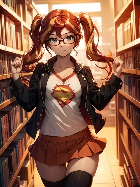 sunset shimmer, short skirt, knee socks, glasses, pigtails, cute, library, open shirt, panties pulled down around knees, explici...
