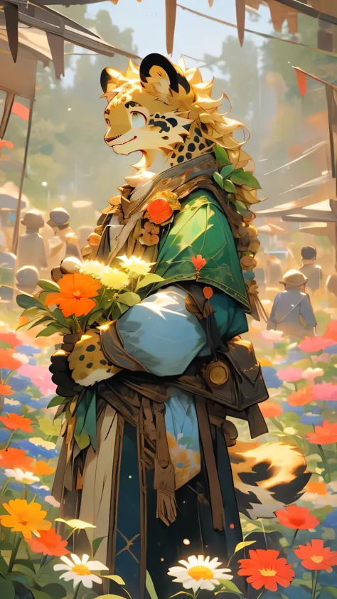 Gold and pink tones，Head to Body Ratio1:7，Young guy figure，emaciated，Fu Rui，furry，Holding a bouquet of flowers，Create the magic ...