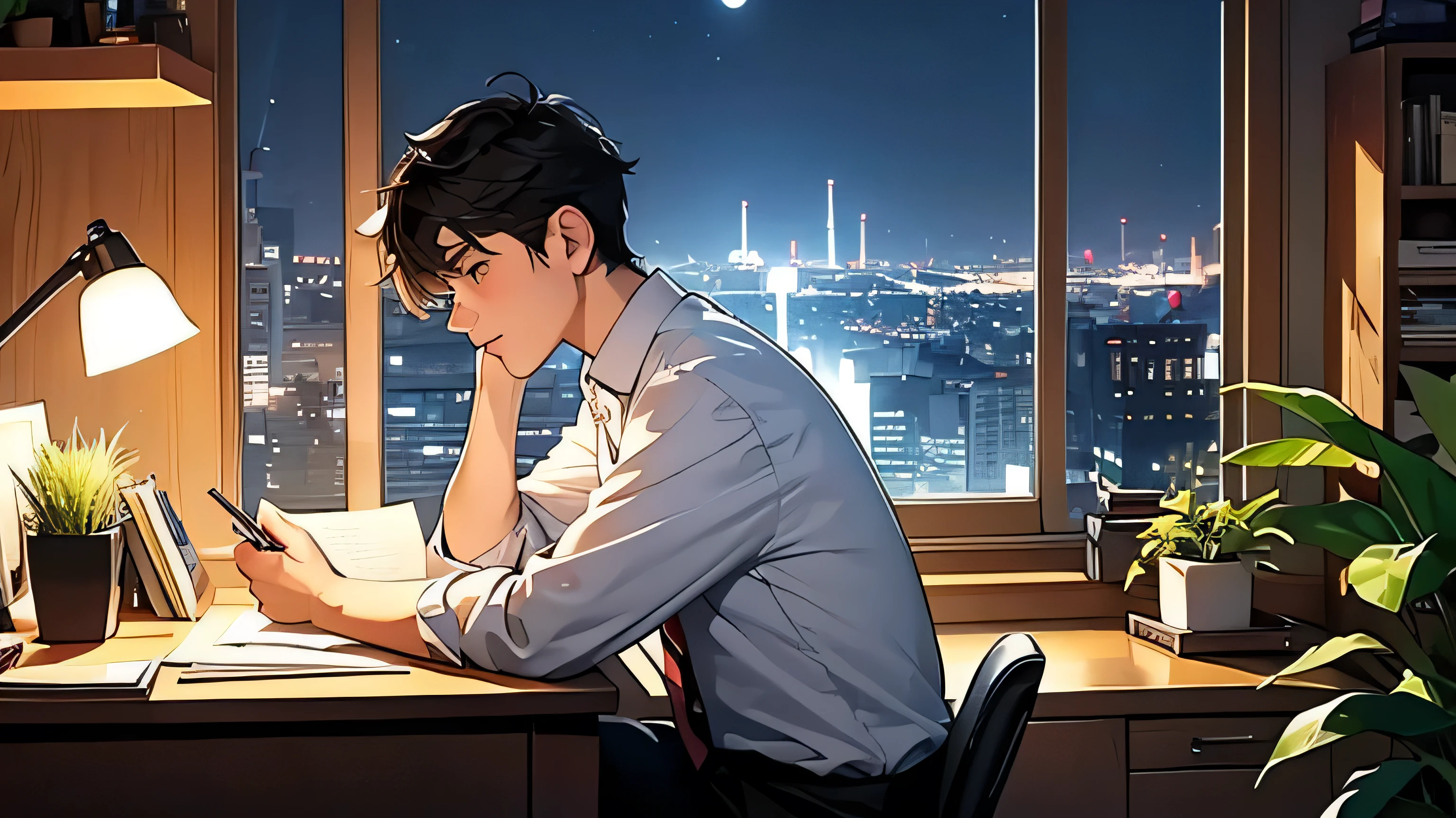 boy sitting at his desk with his computer and paper next to him while he rights on the piece of paper with a beautiful night view with books and plants and his cat in the background with coffee on the desk with candles on her desk