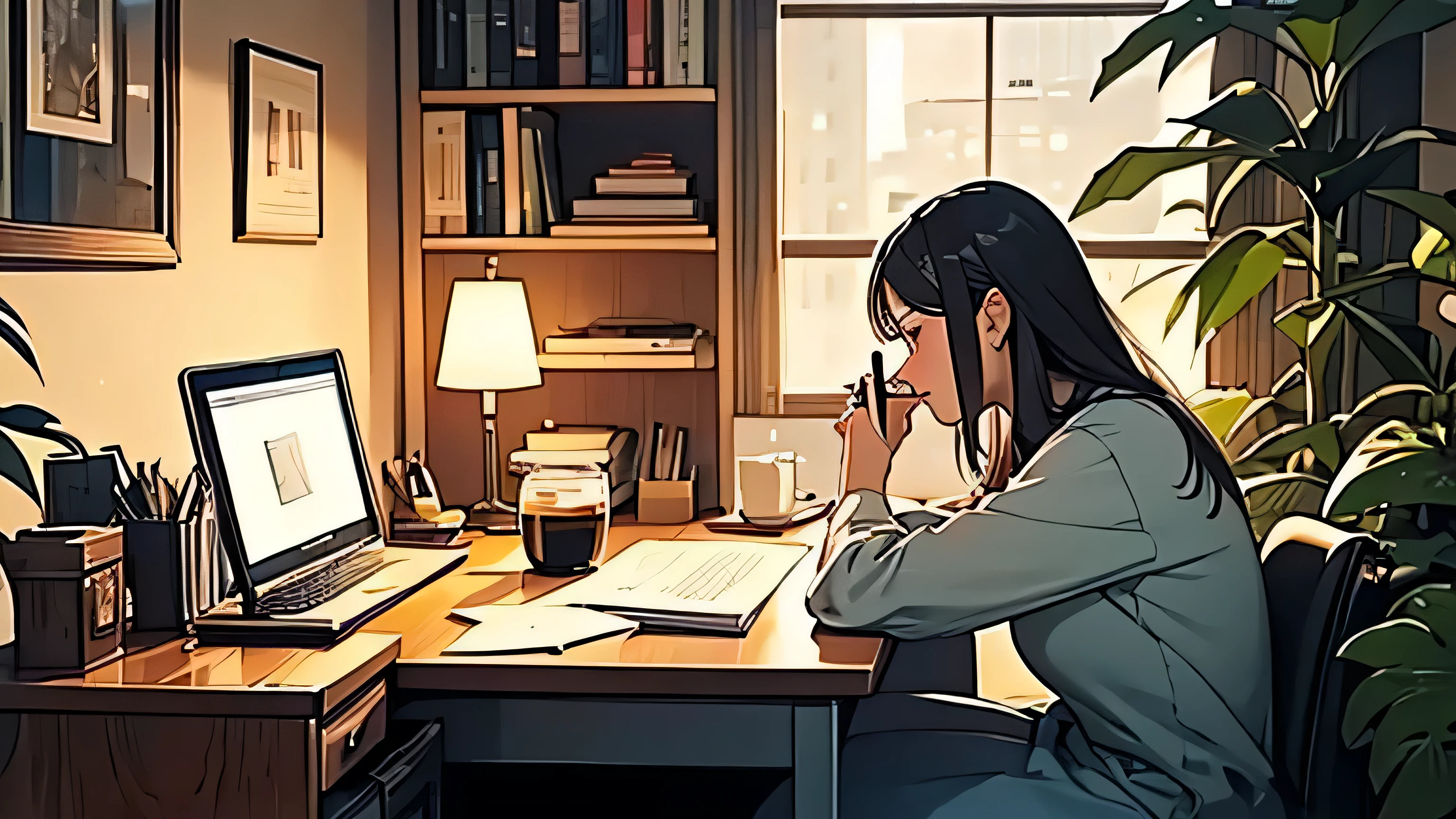 30 years old girl sitting at her desk with her computer and paper next to her while she wrights on the piece of paper with a beautiful night view with books and plants and her cat in the background with coffee on the desk with pretty candles on her desk Lofi