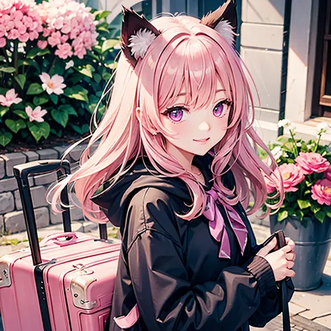 trip、suitcase、Cat ears with pink ribbon、Pink Hair、Pink eyes、Pink clothes、carnation、smile