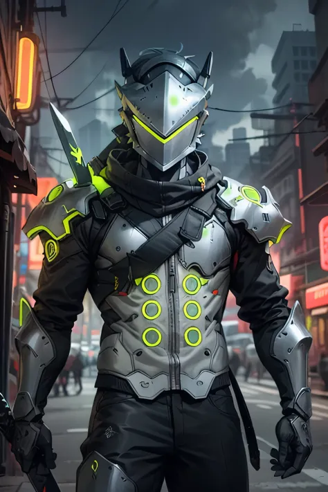 (masterpiece, best quality:1.2),intricate details,a OWgenji,neon city, big,bomber jacket on genji over armor, sword black and bl...