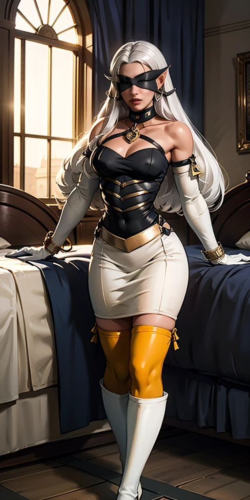 (yellow eyes), white hair, silver hair, very long hair, straight hair, solo, adult woman, tall, slightly muscular, large breasted, cleavage, constricted waist, toned body, slight abs, thin dark skin, pointy ears, lipstick, makeup, black eyeshadow, circlet, white short dress, jewelry, bracelet, white gloves, thigh boots, standing symmetrical feet together on bed, Cross Belt Blindfold