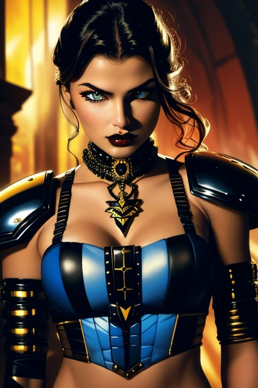 (best quality, masterpiece, perfect face, beautiful and aesthetic:1.2, colorful, dynamic angle, highest detailed face) 1girl, celestemorne,red eyes, shoulder armor, midriff,muur talisman necklaceblack shoulder gloves, angry face, fierce(high contrast, official art, extreme detailed, highest detailed)