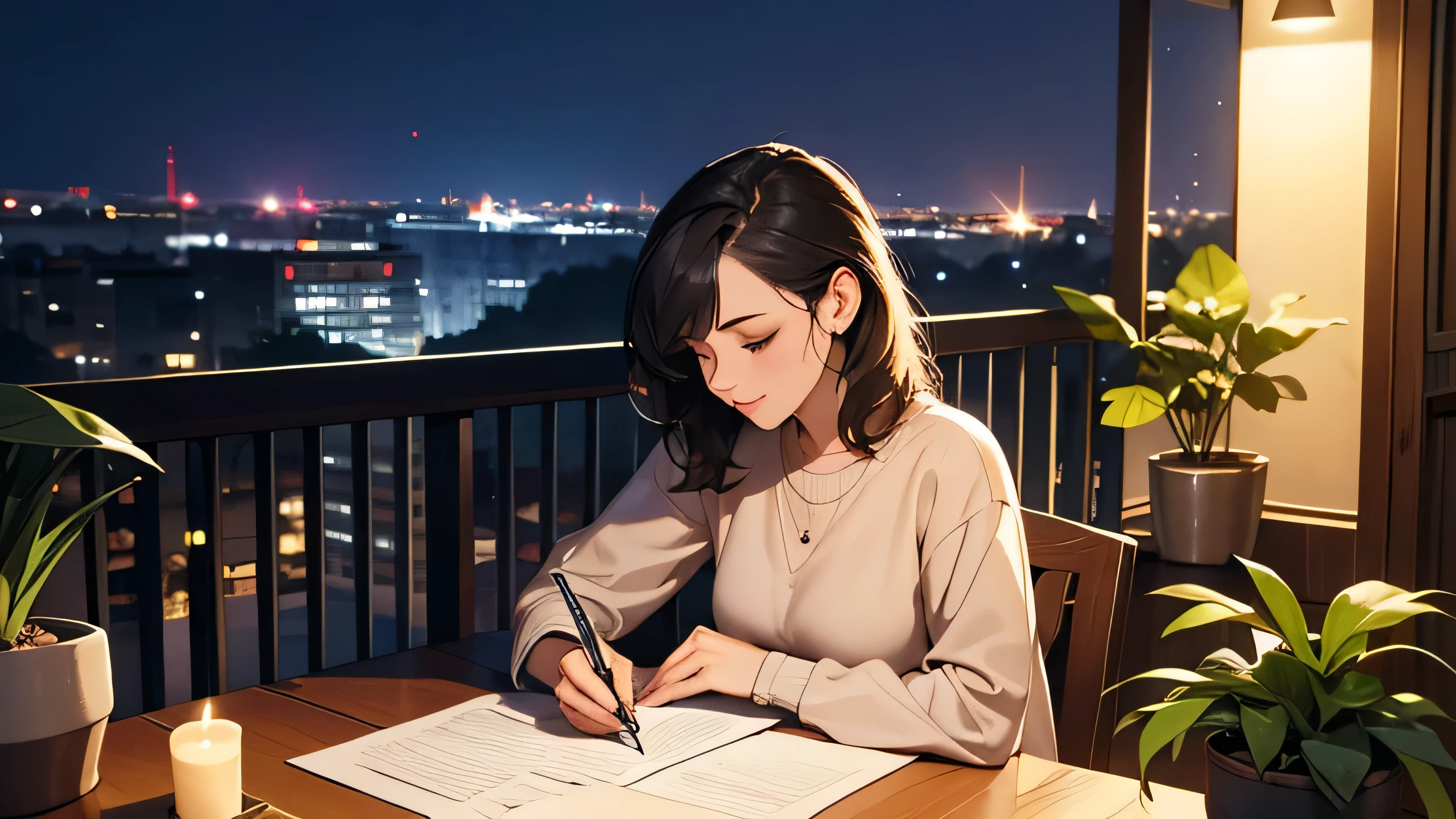 at night beautiful 30 years old girl sitting at her table studying outside of balcony with her laptop and paper next to her while she wrights on the piece of paper with a beautiful night view with books and plants in the background Beautiful candles on her desk Lofi