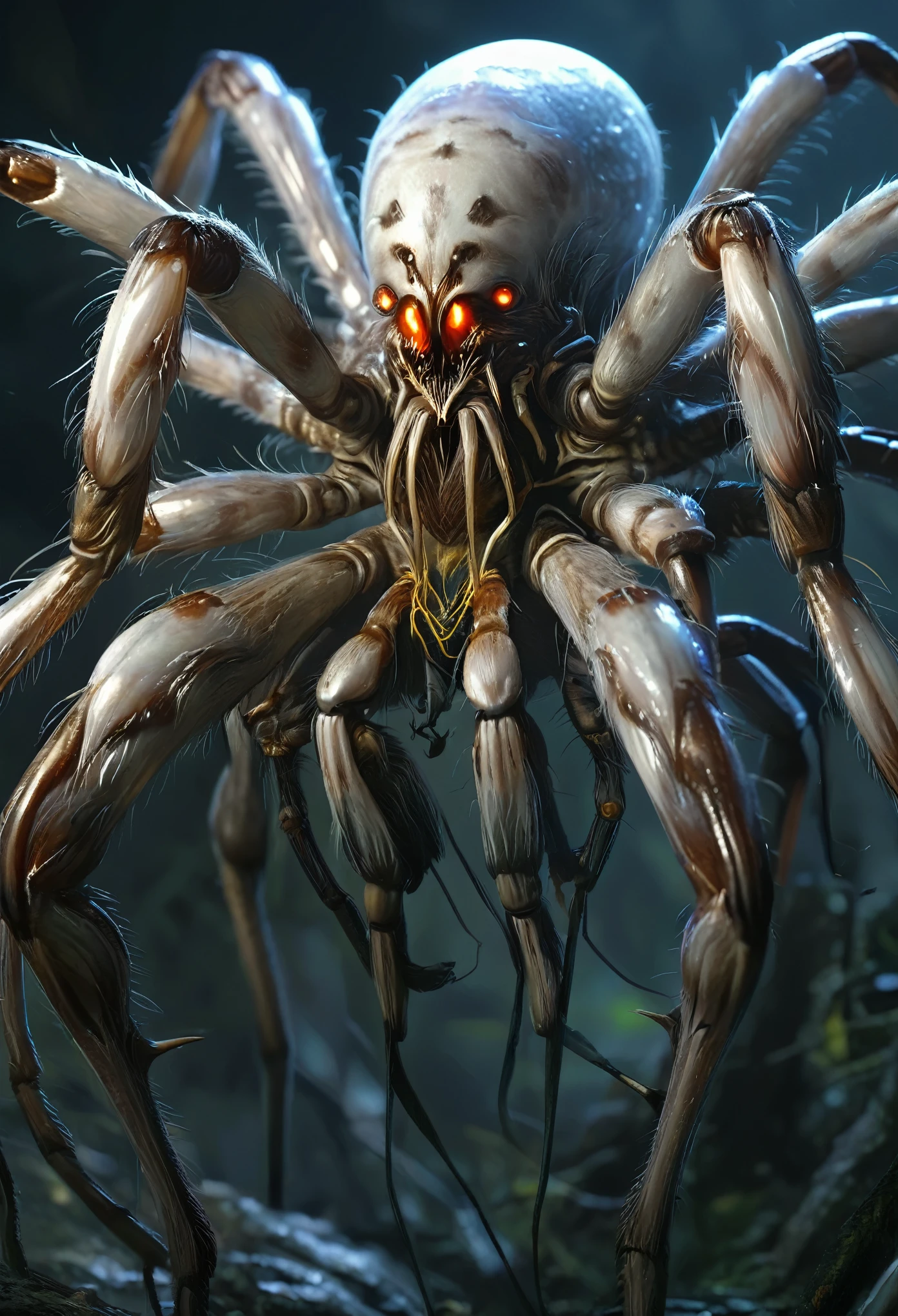 best quality,4k,8k,highres,masterpiece:1.2),ultra-detailed,realistic,photorealistic:1.37,this creature, a terrifying fusion of spider and human female with six arms, embodies a grotesque harmony of two distinct forms. Its upper body retains the unmistakable features of a woman, albeit distorted by the merging process. its eyes gleam with a sinister intelligence, more arachnid than human. (beautiful hair, white skin:1.3),

From the torso sprout four additional limbs, elongated and jointed like a spider's, yet retaining a disturbingly human fleshiness. These arms are equipped with fingers that end in sharp, chitinous claws, capable of rending flesh with ease.

The lower body is a fusion of spider and human anatomy, with the abdomen stretching out behind like that of a monstrous arachnid. Jagged spines protrude from its exoskeleton, each one a reminder of its unnatural origins. The legs, a grotesque combination of human thighs and spider's hairy appendages, provide both agility and strength, enabling it to skitter across surfaces with alarming speed and grace.

In its presence, one cannot help but feel a primal fear, as if staring into the abyss where human and arachnid merge to create a nightmare incarnate. white skin , white spider,