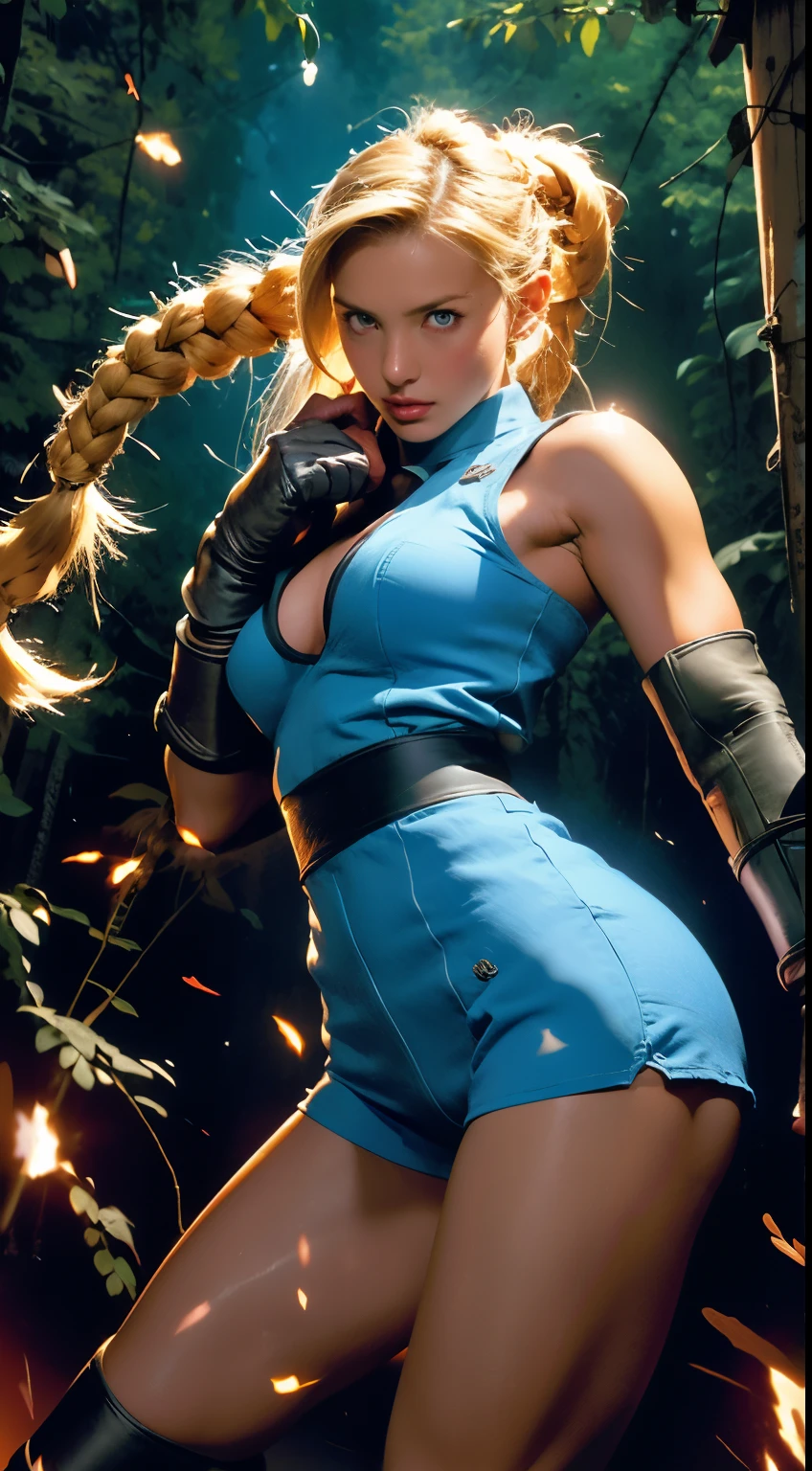 Best Quality, Masterpiece, Ultra High Resolution, rembrandt Lighting, night time, background dark, Enji Night as cammy street fighter, attractive, long blonde braided hair, sexy singlet vibrant blue outfit, wearing red combat gloves, combat boots, leggings, no cleavage, seductive, extra curves, wet skin, white skin, 3/4 shot of adynamic combat pose, big thighs, slim waist, shy, sfw, scantily clad, ripped, revealing outfit, camel toe, flawless masterpiece kawaii, perfect body, perfect face, perfect hands, perfect fingers, sexy pose, PERFECT ANATOMY, photorealistic, masterpiece, photorealistic, high resolution, soft light, medium breast, not nsfw.