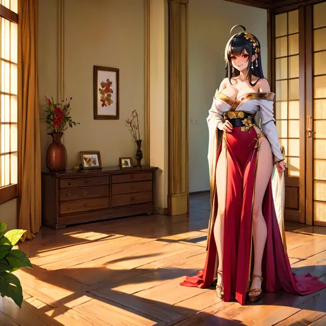 a woman wearing a red off-shoulder dress, long black hair, ahoge hair, a golden olive leaf in her hair, red eyes, red heels, big...