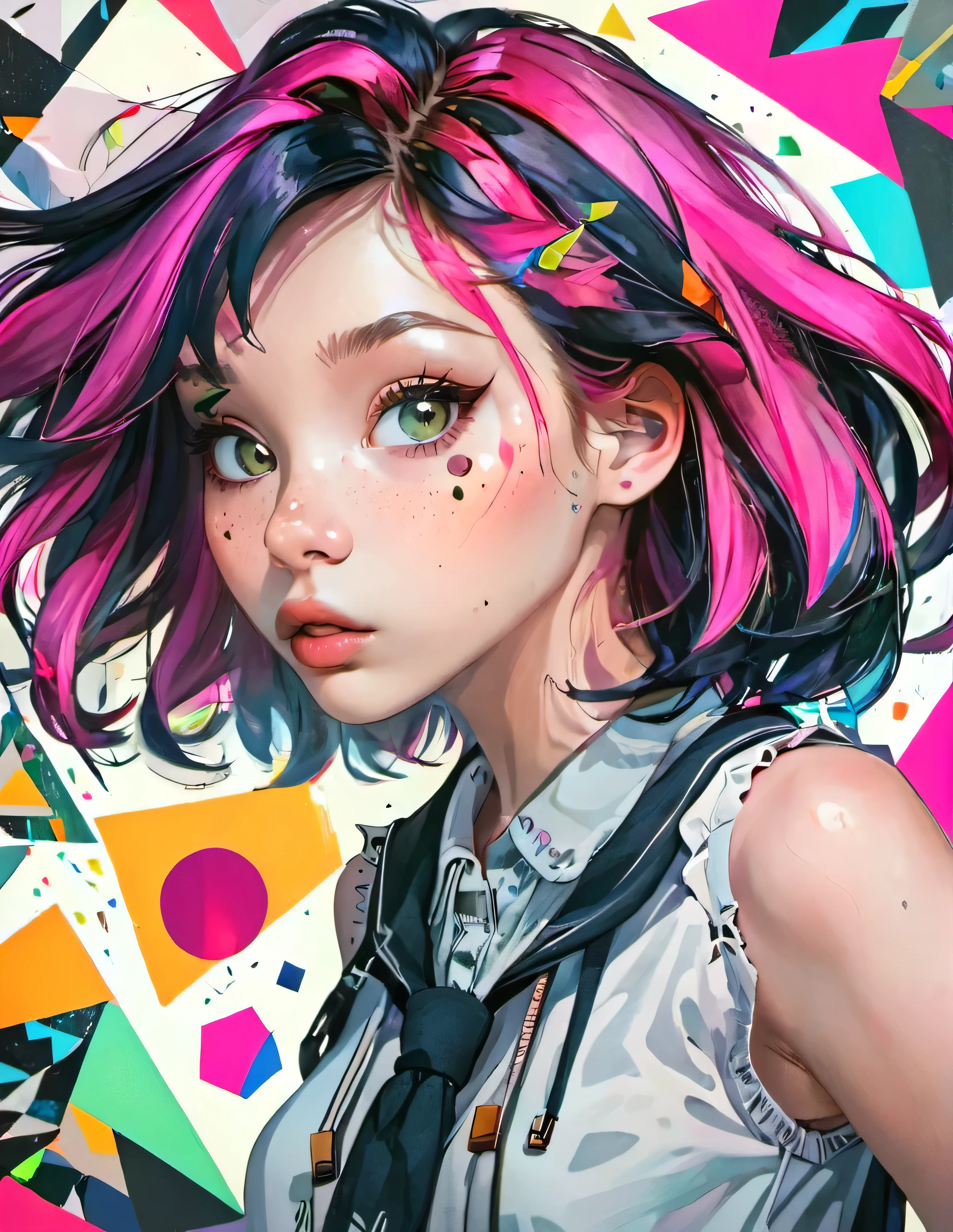 girl with a beautiful face, black and pink hair, defined details, messy school clothes, looking at the camera, "Generate an illustration in a style that blends organic shapes with geometric patterns, emphasizing vibrant colors and dynamic compositions."