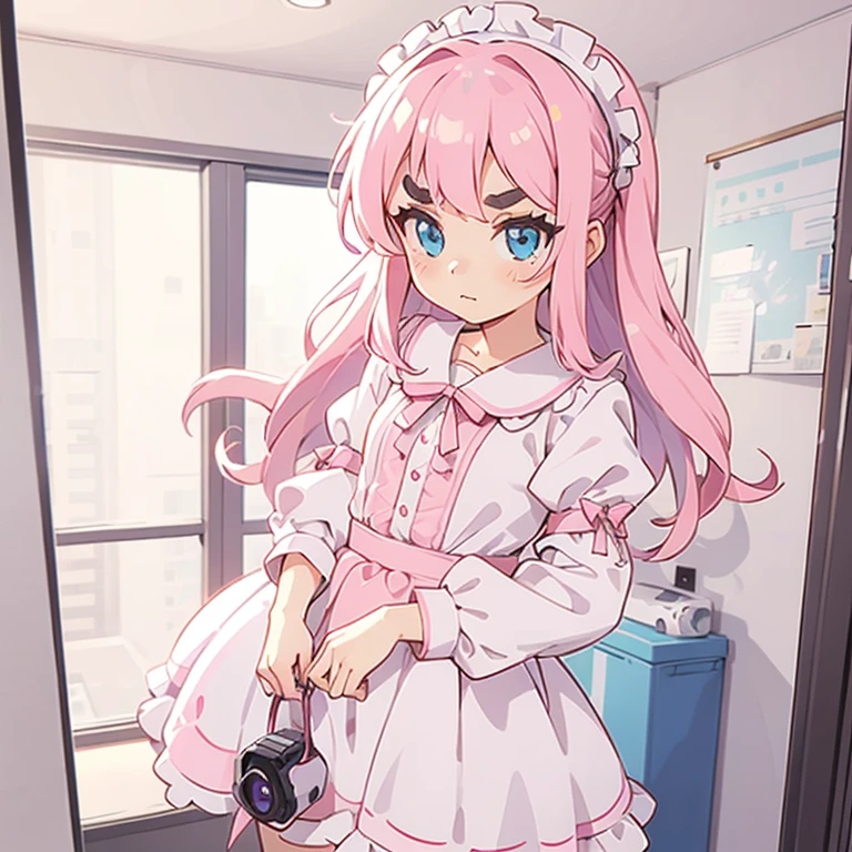 Girls with pink hair, long double-tailed hairstyle, ((small pink bushy eyebrows)), dressed in lolita clothes, marked vagina, lolicon (Zankuro) drawing style by zankuro artist, Zancro style, image uploaded to R34, changing of clothes in a room, looking away, not looking at the camera (hidden camera recording it, security camera filter recording it)