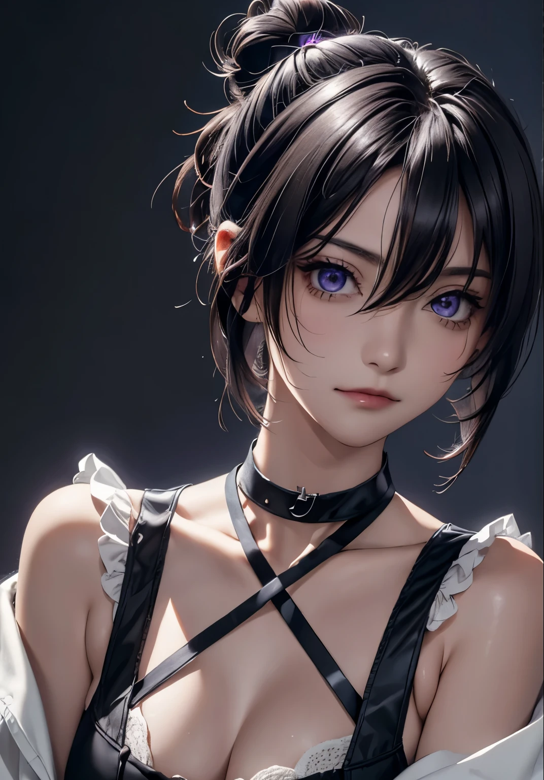 ((masterpiece)), ((ultra-detailed)), pixiv, best shadows, best lighting, best quality, absurdres, highres, cinematic shot, rim lightning, , dark lightning, 1girl, solo, black hair, choker, black choker, looking at viewer, hair bun, medium hair, single hair bun, shirt, mole under mouth, purple background, upper body, hair between eyes, mole