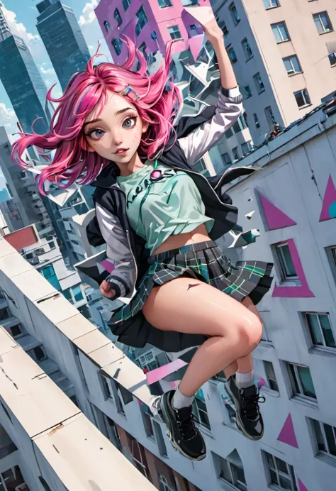 (falling from a building at high speed), girl with a beautiful face, black and pink hair, defined details, messy school clothes,...