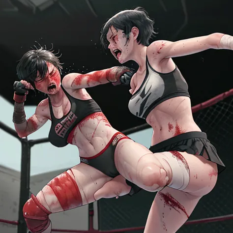 Match in the octagon. Very sweaty. Bloody and covered in wounds. Two female high school fighters fighting by punching. They are ...