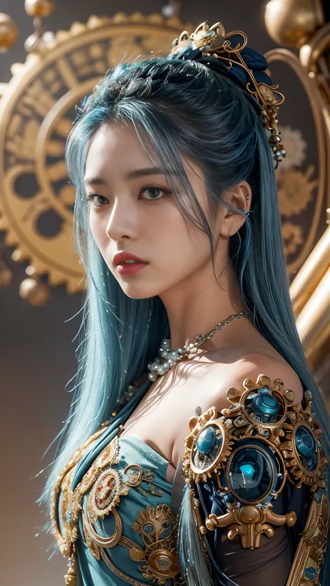 a subtle chinese woman with a subtle characteristic, full lips, a smooth tan tan tone, blue hair, and blue hair are decorated wi...