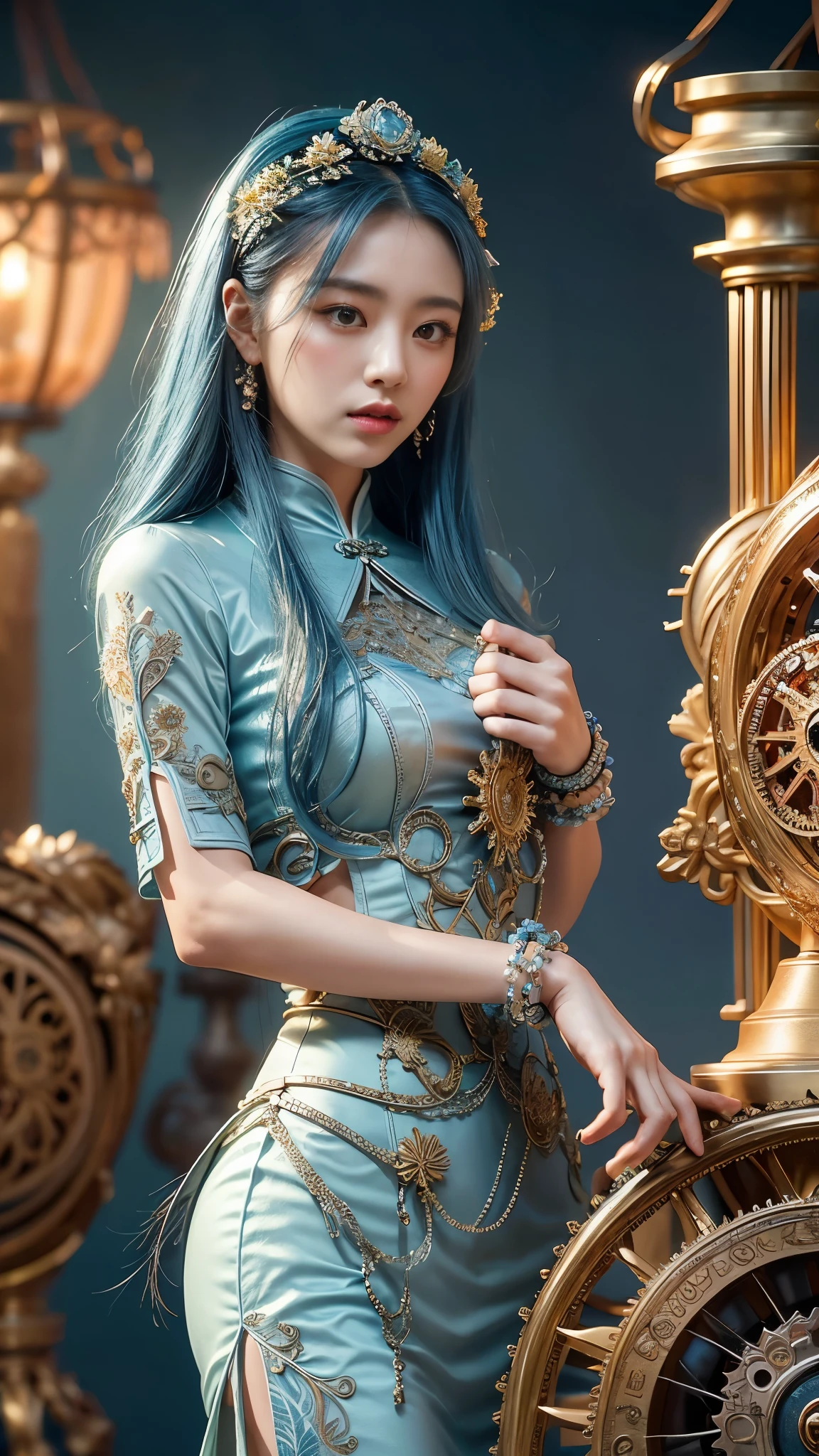 A subtle Chinese woman with a subtle characteristic, full lips,looking at camera， a smooth tan tan tone, blue hair, and blue hair are decorated with countless complex vortex elements, gears, gears, flower patterns, beads Hanging gorgeous jewelry conveys a tranquil contemplation; the Victorian style inspired by steam punk is injected into organic and mechanical aesthetics; the tranquil statue postures tranquility