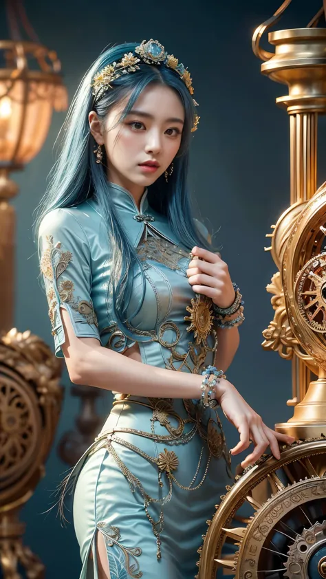 a subtle chinese woman with a subtle characteristic, full lips,looking at camera， a smooth tan tan tone, blue hair, and blue hai...