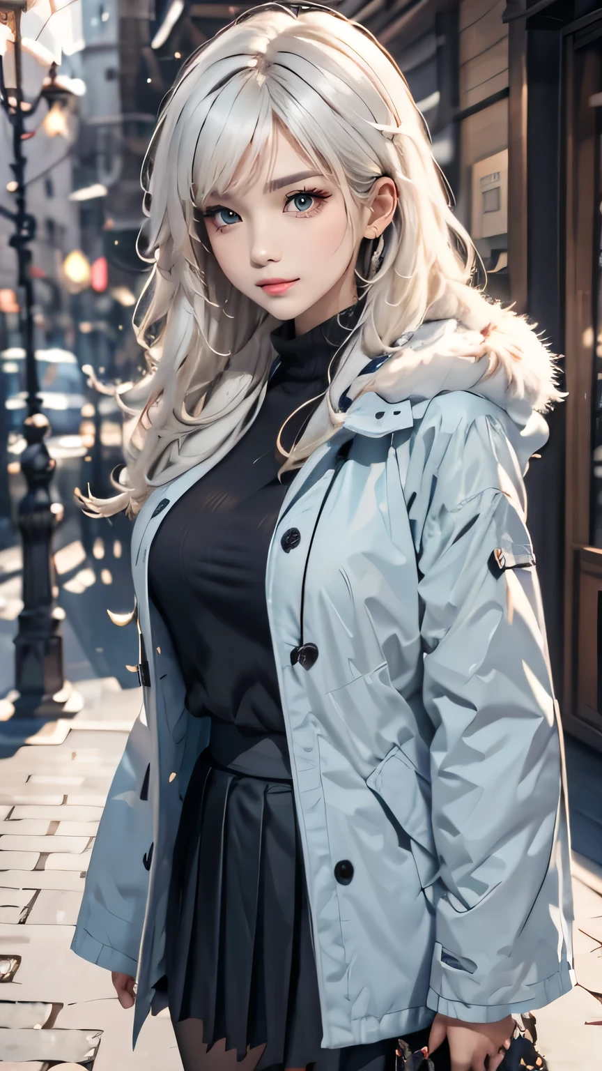 (masterpiece:1.2, best quality), (real picture, intricate details), 1lady, solo, upper body, casual, long hair, minimal makeup, natural fabrics, close-up face, smile, home, long light platinum blonde hair, bangs, wavy hair, voluminous hair, green eyes, big breasts, cold clothing, cute clothes, pleated skirt, black skirt, beautiful clothing, blue parkas, blue coat, coat with fur, blue coat white fur, bangs on forehead, Korean bangs, cute bangs.