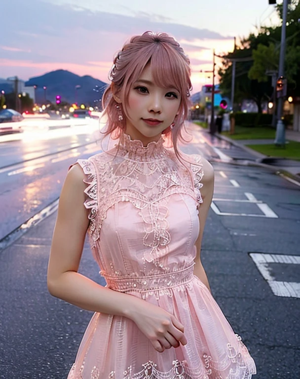 a woman posing on the street corner with Pink Dress on, highest quality, High resolution, 8k, 1peopleの女の子, (Huge breasts), Day, bright, Outdoor, (street:0.8), (people々, crowd:1), (lace trim dress:1.5, Pink clothes:1.5, Pink high neck dress:1.5, Sleeveless dress, Pink Dress: 1.5), nice, (Medium Hair), Beautifully detailed skies, Beautiful earrings, (Dynamic pose:0.8), (Upper Body:1.2), Soft lighting, Wind, Shiny skin, View your viewers,  