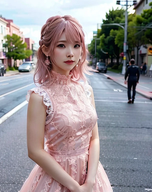 a woman posing on the street corner with Pink Dress on, highest quality, High resolution, 8k, 1peopleの女の子, (Huge breasts), Day, bright, Outdoor, (street:0.8), (people々, crowd:1), (lace trim dress:1.5, Pink clothes:1.5, Pink high neck dress:1.5, Sleeveless dress, Pink Dress: 1.5), nice, (Medium Hair), Beautifully detailed skies, Beautiful earrings, (Dynamic pose:0.8), (Upper Body:1.2), Soft lighting, Wind, Shiny skin, View your viewers,  