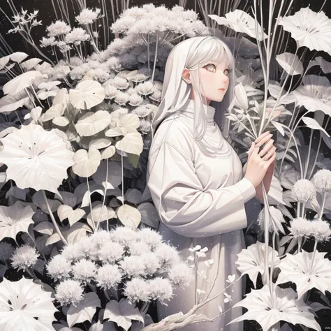 white world、a pure white plant that lacks chlorophyll、a beautiful woman lost in a land of white plants、surrounded by a forest of...