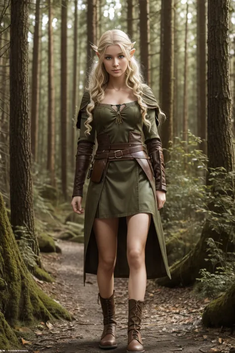 Russian girl 18 years old - elf archer in the forest (RPG),blonde curly disheveled hair, delicate features of a thin face, Fanta...
