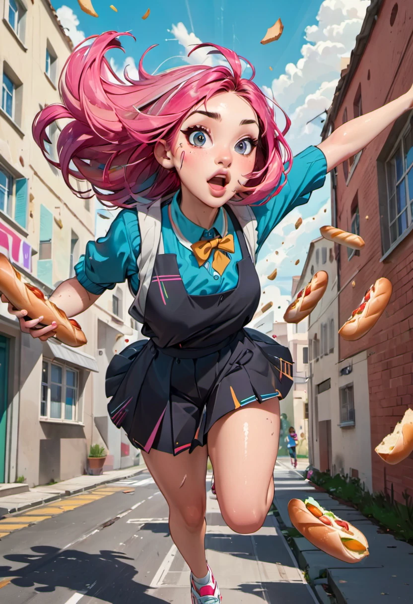 (corriendo a toda velocidad, Seguido por panaderos gordos saltando sobre ella para golpearlos con baguette.), Chica con una cara hermosa, pelo negro y rosa, detalles definidos, ropa escolar desordenada, mirando a la camara, "Genere una ilustración en un estilo que combine formas orgánicas con patrones geométricos., enfatizando colores vibrantes y composiciones dinámicas."