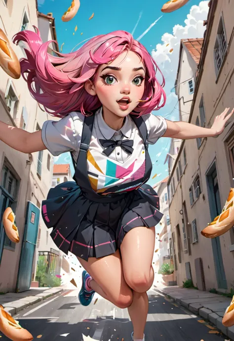 (running at full speed, followed by fat bakers jumping on her to hit them with baguette), girl with a beautiful face, black and ...